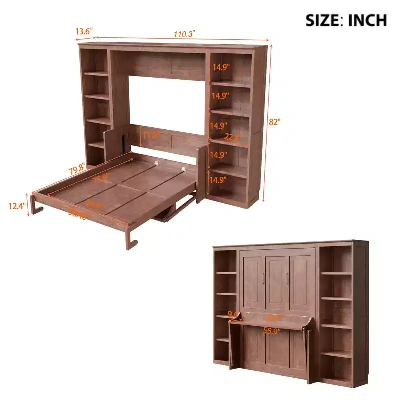 Letto a scomparsa matrimoniale/queen-size marrone scuro con scrivania e libreria, 1 persona