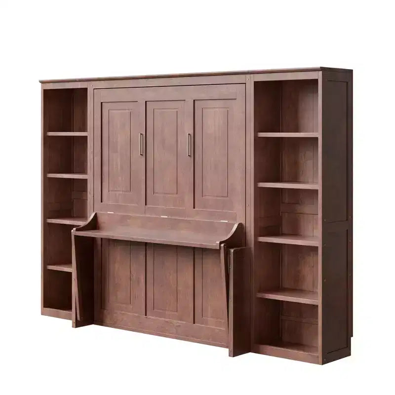 Letto a scomparsa matrimoniale/queen-size marrone scuro con scrivania e libreria, 1 persona