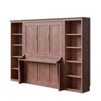 Letto a scomparsa matrimoniale/queen-size marrone scuro con scrivania e libreria, 1 persona