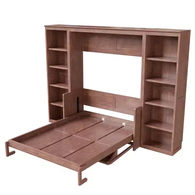 Letto a scomparsa matrimoniale/queen-size marrone scuro con scrivania e libreria, 1 persona