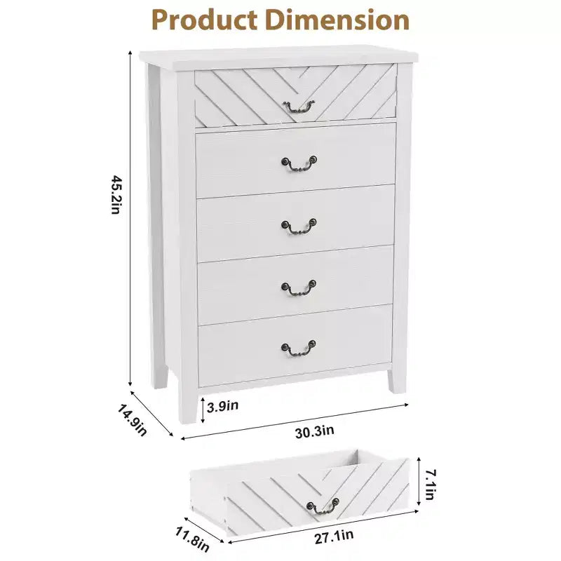 Comò verticale a 5 cassetti Marrone/Bianco, stile geometrico, uso singolo