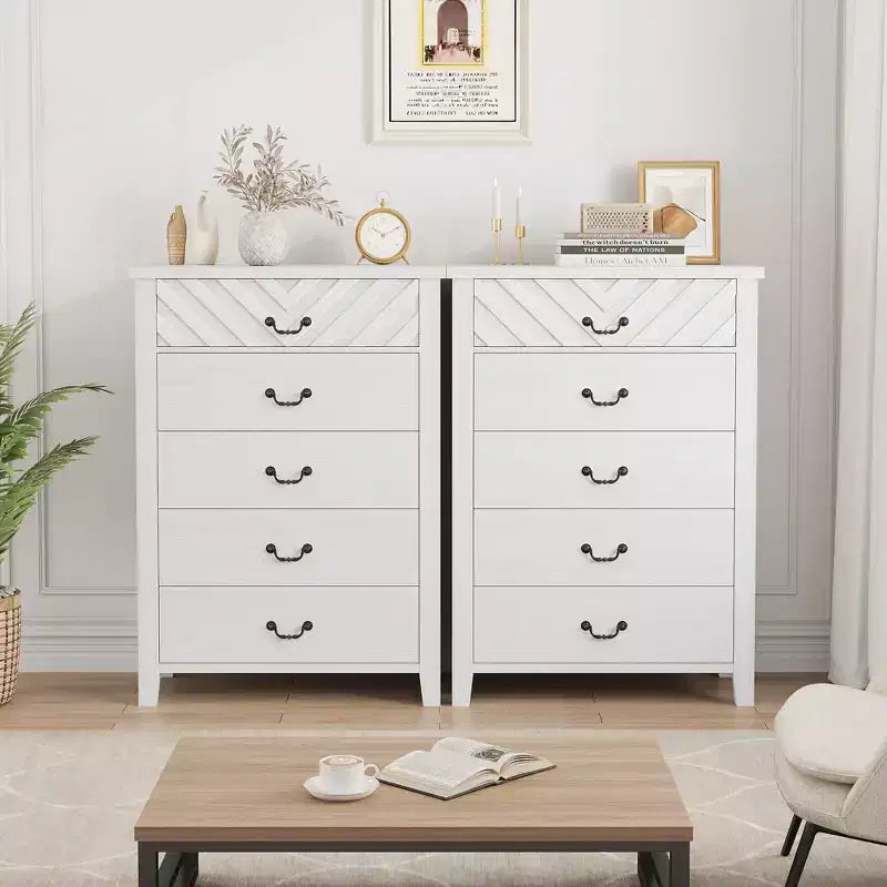 Comò verticale a 5 cassetti Marrone/Bianco, stile geometrico, uso singolo