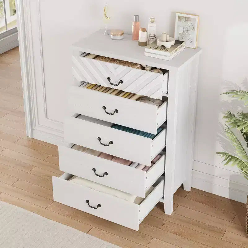 Comò verticale a 5 cassetti Marrone/Bianco, stile geometrico, uso singolo