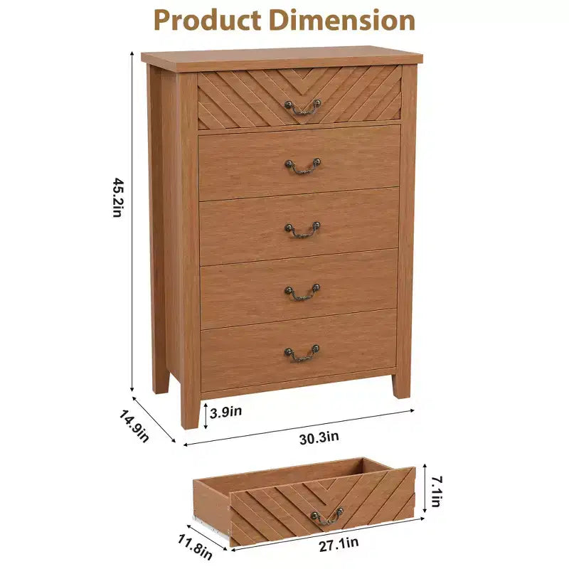 Comò verticale a 5 cassetti Marrone/Bianco, stile geometrico, uso singolo
