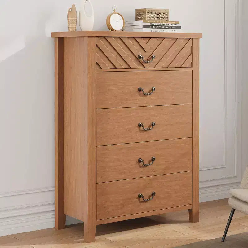 Comò verticale a 5 cassetti Marrone/Bianco, stile geometrico, uso singolo