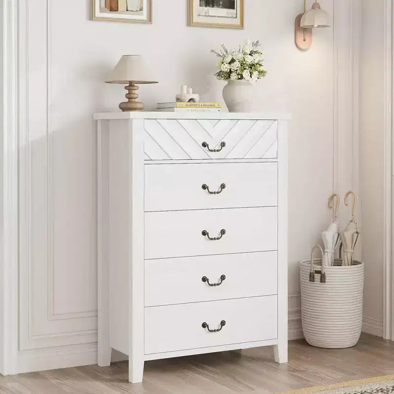 Farmhouse 5 Dresser for Bedroom, 45.2 in Tall Dresser, Vertical Drawer with Storage Freestanding, Wooden Closet Storage Chest for Bedroom