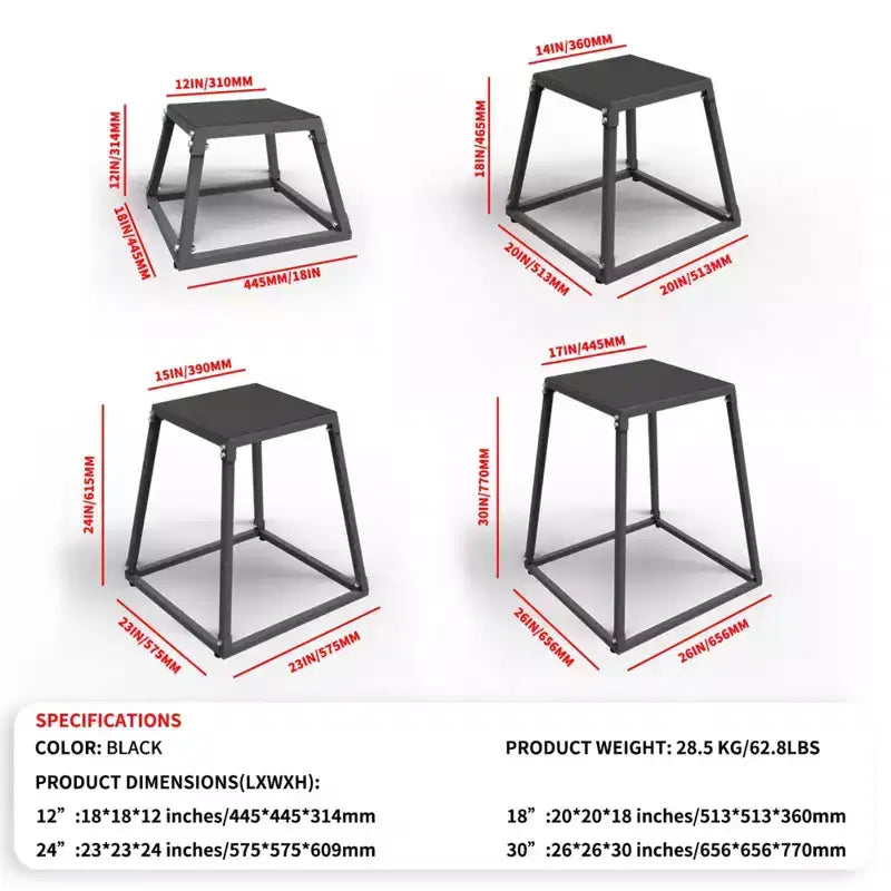 Set di Plyobox in acciaio nero, antiscivolo, 1 persona, 3 pezzi (12+18+24 in)