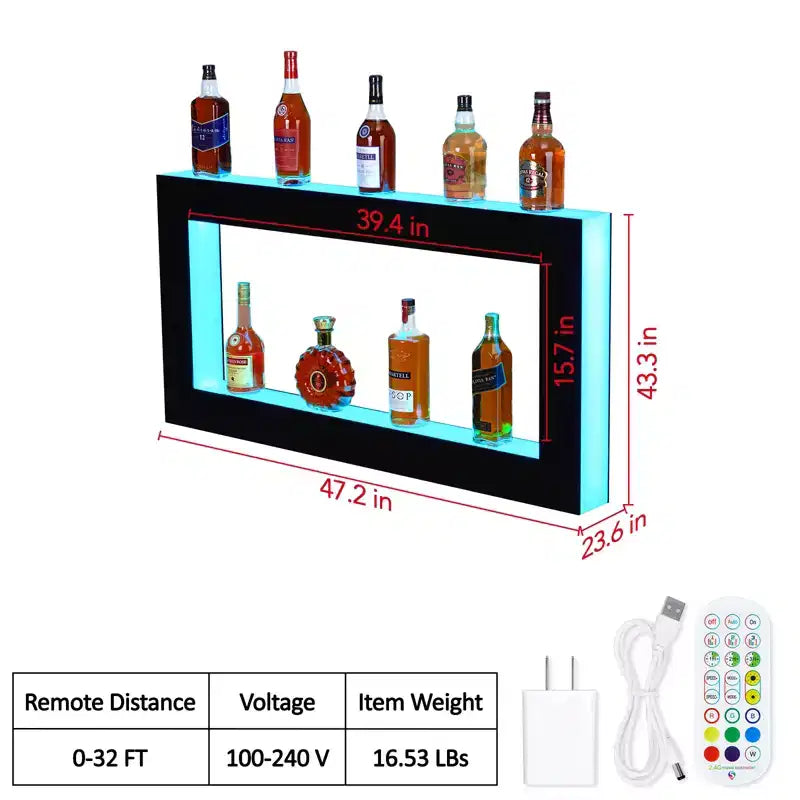 Espositore nero a 2 ripiani illuminato a LED per bottiglie di liquori con telecomando e controllo tramite app, capacità 9 bottiglie