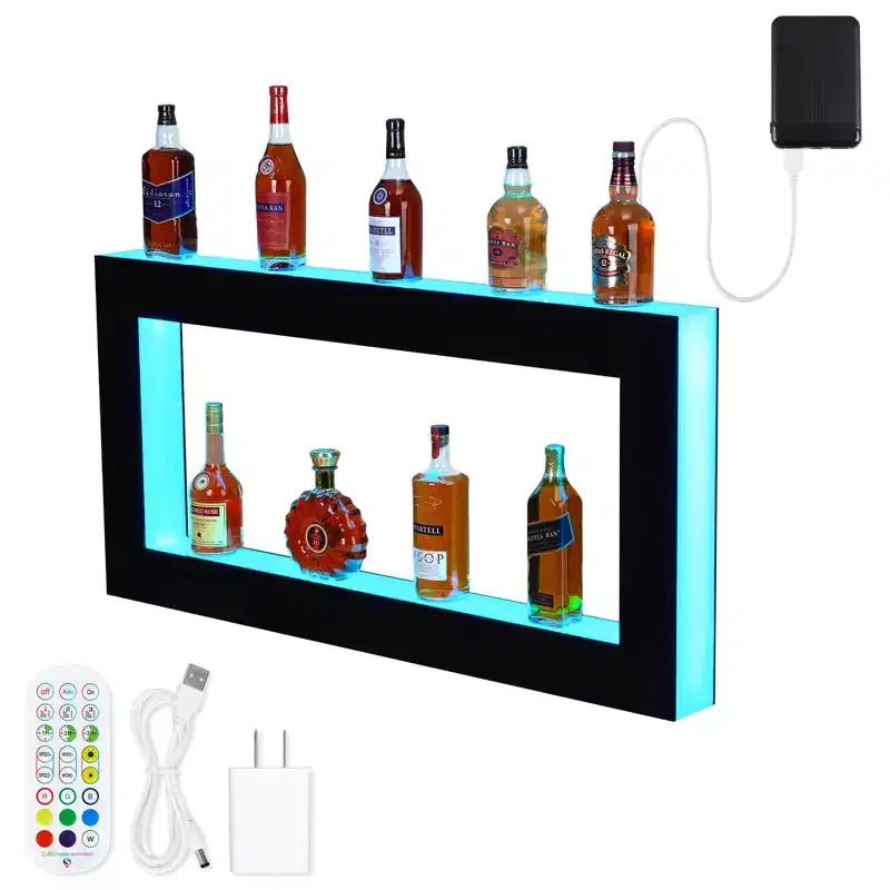 Espositore nero a 2 ripiani illuminato a LED per bottiglie di liquori con telecomando e controllo tramite app, capacità 9 bottiglie