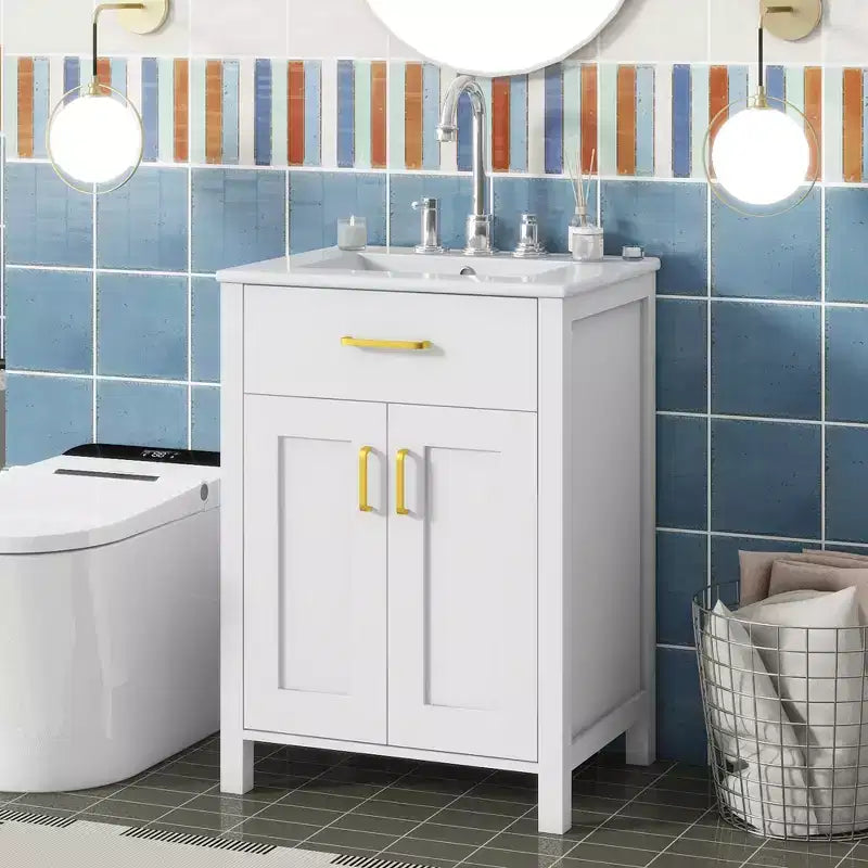 24 Inch Bathroom Vanity with Ceramic Sink, Tip-Out Drawer & Adjustable Shelf, Freestanding Bathroom Cabinet for Small Spaces