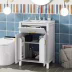 Mobile lavabo da bagno autoportante White Wood con lavello in ceramica, maniglie dorate, per una persona, 24"