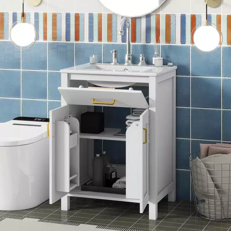 Mobile lavabo da bagno autoportante White Wood con lavello in ceramica, maniglie dorate, per una persona, 24"