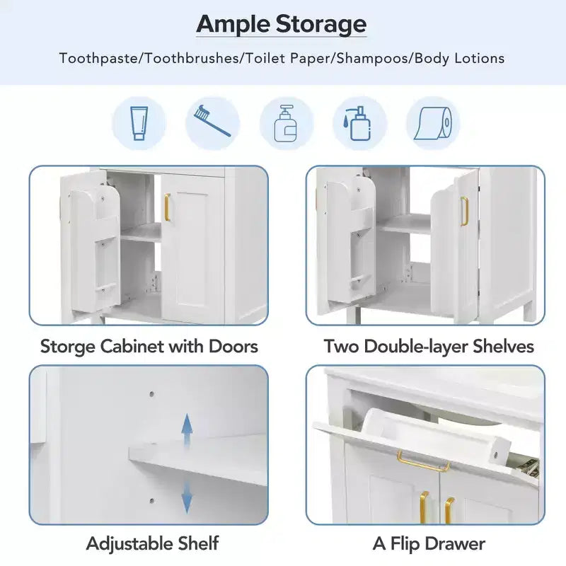Mobile lavabo da bagno autoportante White Wood con lavello in ceramica, maniglie dorate, per una persona, 24"