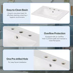 Mobile lavabo da bagno autoportante White Wood con lavello in ceramica, maniglie dorate, per una persona, 24"