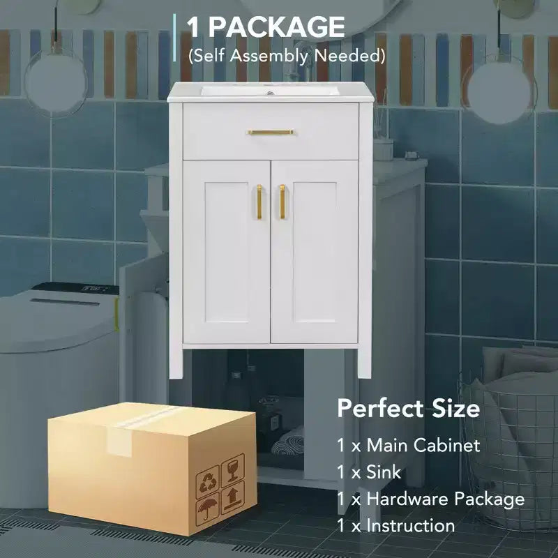 Mobile lavabo da bagno autoportante White Wood con lavello in ceramica, maniglie dorate, per una persona, 24"