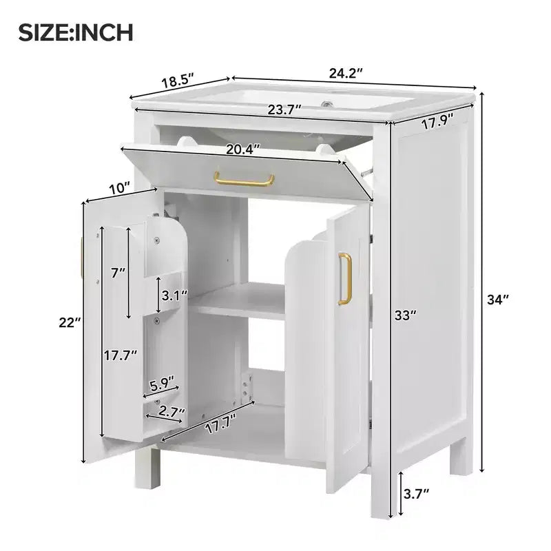 Mobile lavabo da bagno autoportante White Wood con lavello in ceramica, maniglie dorate, per una persona, 24"