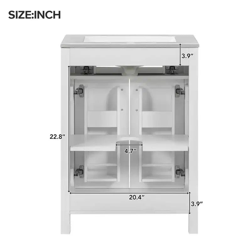 Mobile lavabo da bagno autoportante White Wood con lavello in ceramica, maniglie dorate, per una persona, 24"