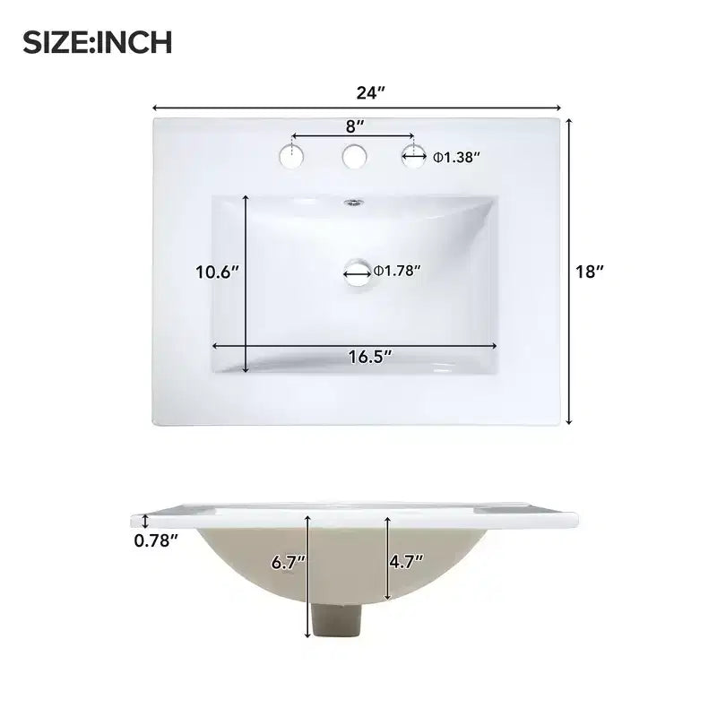 Mobile lavabo da bagno autoportante White Wood con lavello in ceramica, maniglie dorate, per una persona, 24"