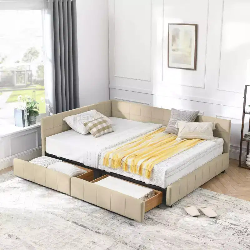 Letto da giorno imbottito capitonné una piazza e mezza in beige scuro con schienale e braccioli, 1-2 persone