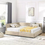Letto da giorno imbottito capitonné una piazza e mezza in beige scuro con schienale e braccioli, 1-2 persone