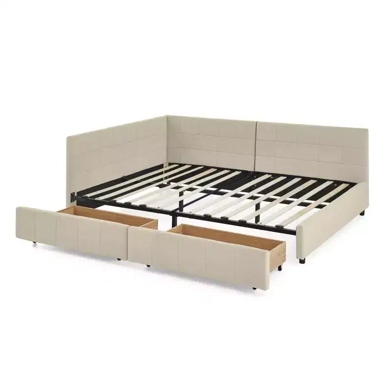 Letto da giorno imbottito capitonné una piazza e mezza in beige scuro con schienale e braccioli, 1-2 persone