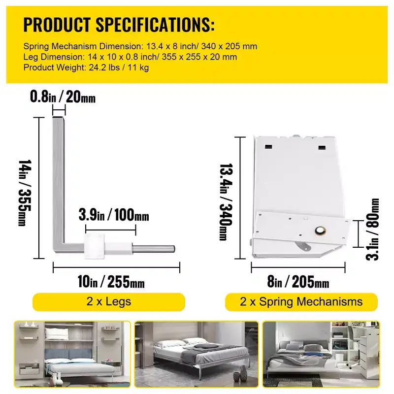 Kit ferramenta a molla per letto a scomparsa verticale a parete, per letto King/Queen (azionamento a 1 persona)
