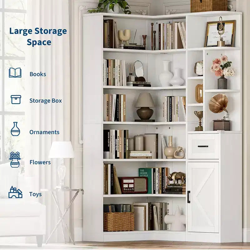 Libreria angolare a L a 6 ripiani Nera/Marrone/Bianca con cassetto e armadietto, monoposto