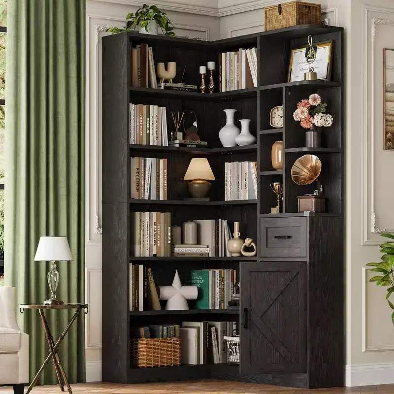 Libreria angolare a L a 6 ripiani Nera/Marrone/Bianca con cassetto e armadietto, monoposto