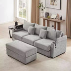 Divano a 3 posti in velluto grigio con pouf contenitore e porte USB