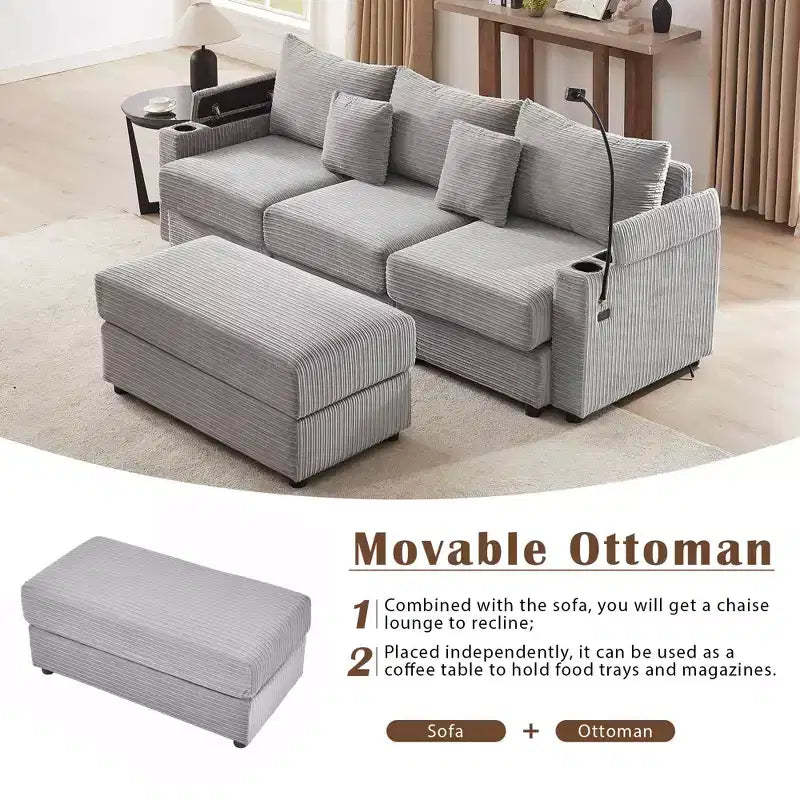 Divano a 3 posti in velluto grigio con pouf contenitore e porte USB