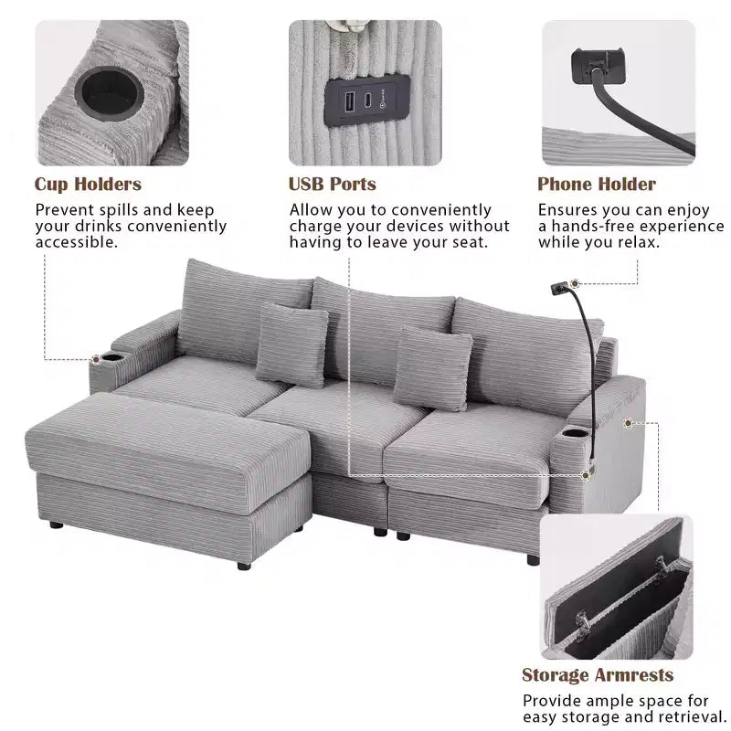 Divano a 3 posti in velluto grigio con pouf contenitore e porte USB