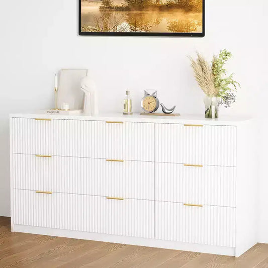 White 9 Drawer Dresser for Bedroom, 63 Wide Fluted Dresser with Smooth Slides, Modern Chest of Drawers with Golden Handles for Bedroom