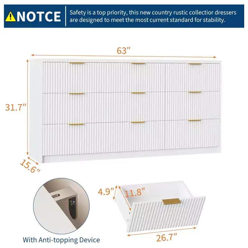 Cassettiera a 9 cassetti bianca e oro, stile scanalato, per utente singolo