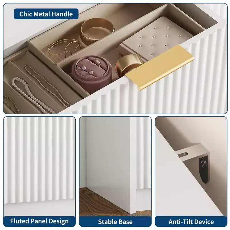 Cassettiera a 9 cassetti bianca e oro, stile scanalato, per utente singolo