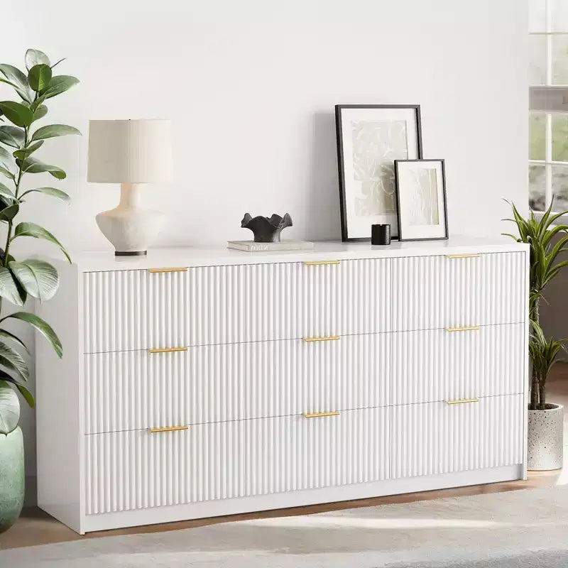 Cassettiera a 9 cassetti bianca e oro, stile scanalato, per utente singolo