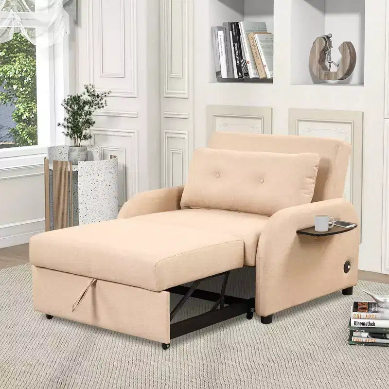 Divano letto estraibile beige con porta di ricarica, monoposto