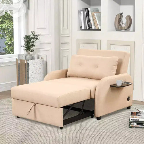 Divano letto estraibile beige con porta di ricarica, monoposto