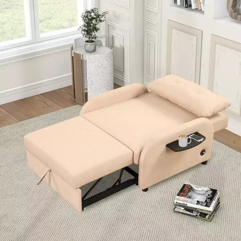 Divano letto estraibile beige con porta di ricarica, monoposto