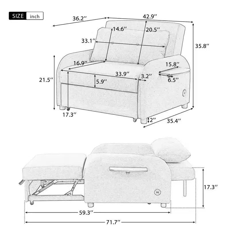 Divano letto estraibile beige con porta di ricarica, monoposto
