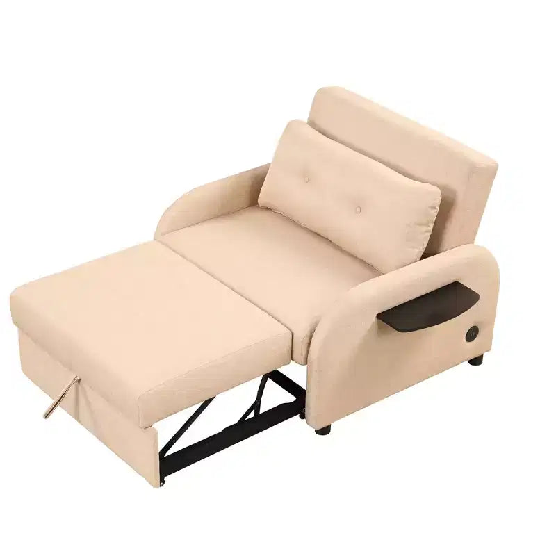 Divano letto estraibile beige con porta di ricarica, monoposto
