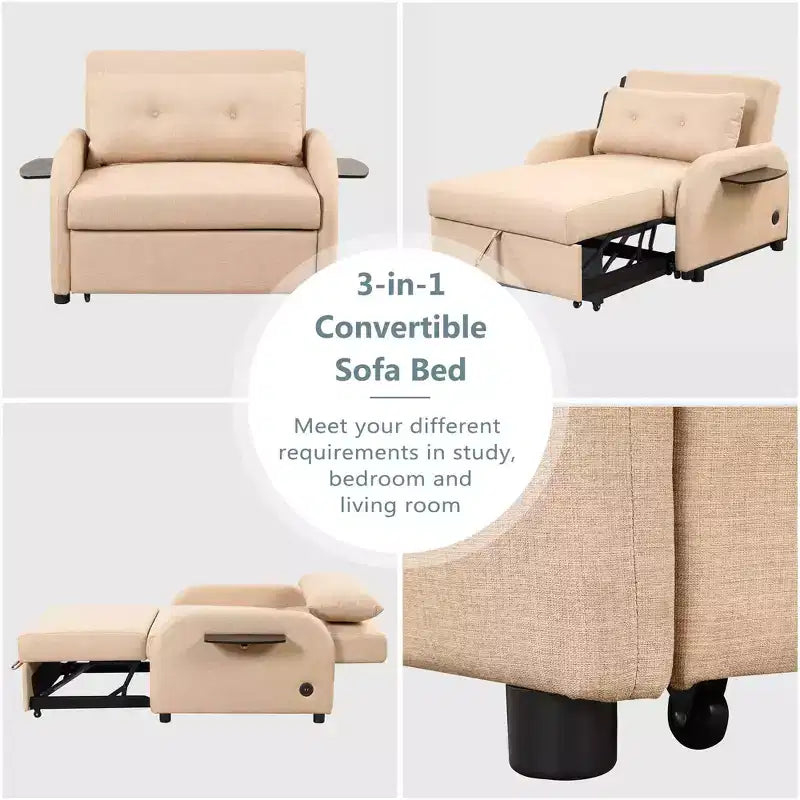 Divano letto estraibile beige con porta di ricarica, monoposto