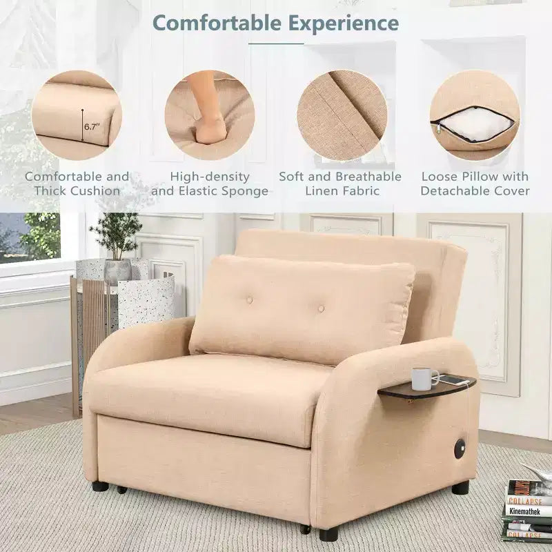 Divano letto estraibile beige con porta di ricarica, monoposto