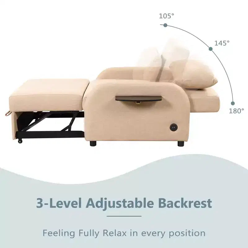 Divano letto estraibile beige con porta di ricarica, monoposto