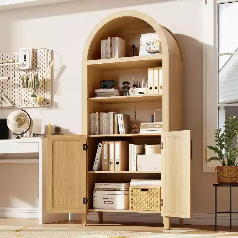 Scaffale nero/legno ad arco a 5 ripiani con ante – Scaffale da terra monoposto