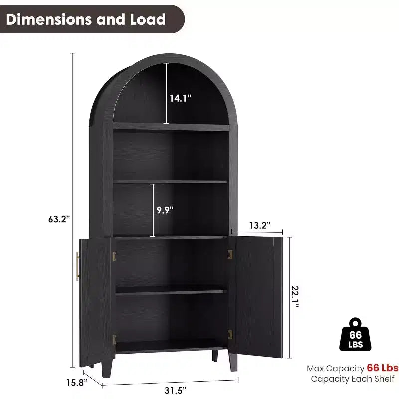 Scaffale nero/legno ad arco a 5 ripiani con ante – Scaffale da terra monoposto
