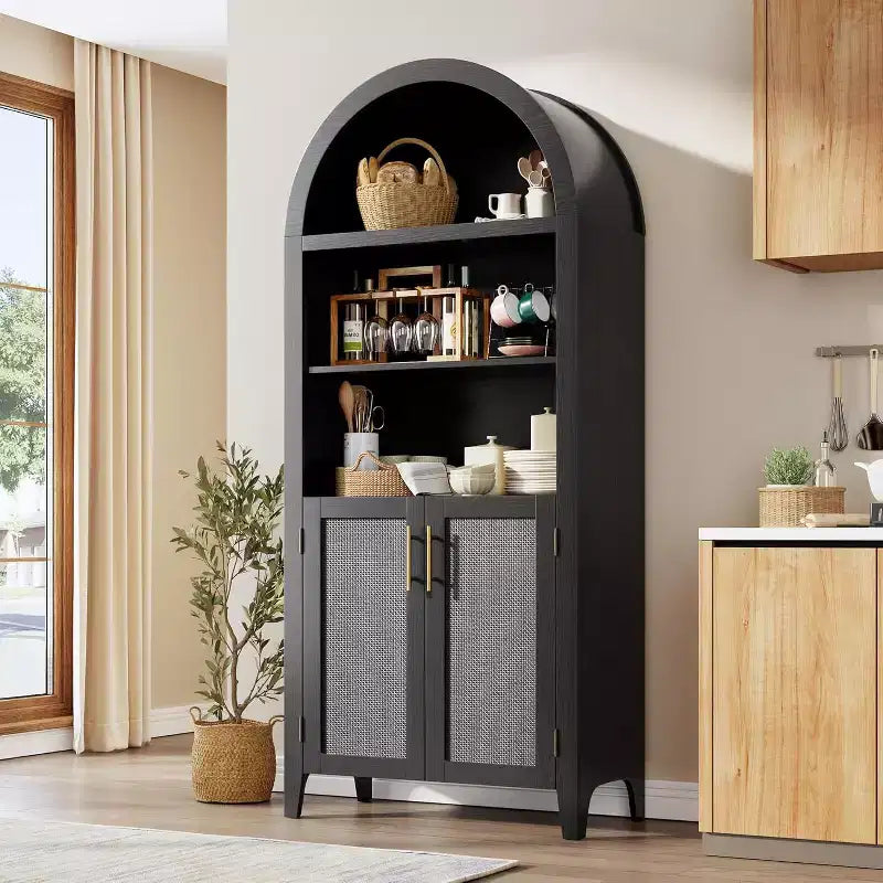 Scaffale nero/legno ad arco a 5 ripiani con ante – Scaffale da terra monoposto