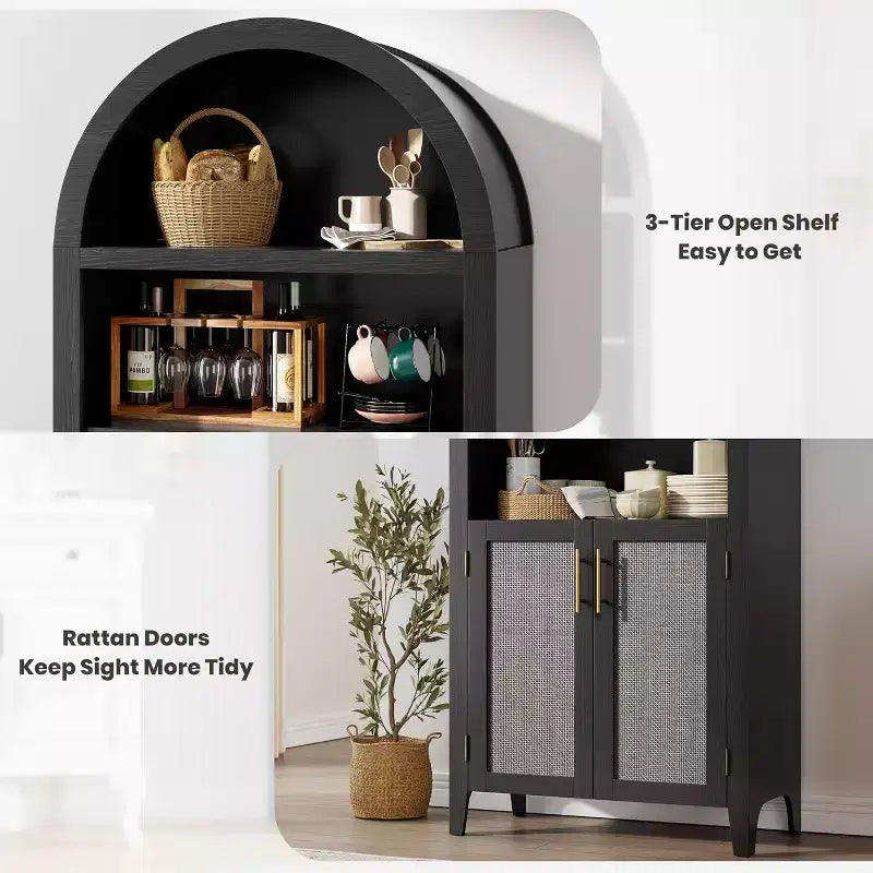 Scaffale nero/legno ad arco a 5 ripiani con ante – Scaffale da terra monoposto