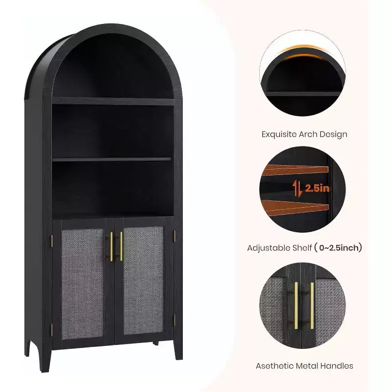 Scaffale nero/legno ad arco a 5 ripiani con ante – Scaffale da terra monoposto