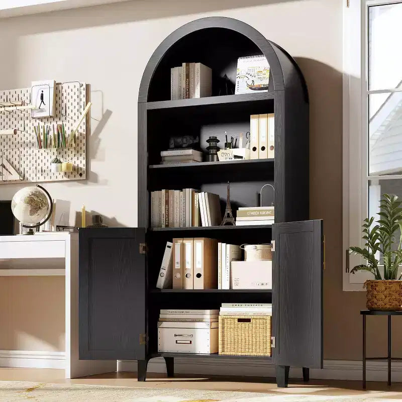 Scaffale nero/legno ad arco a 5 ripiani con ante – Scaffale da terra monoposto