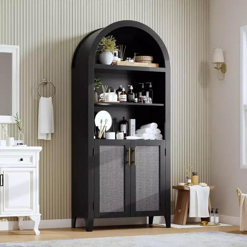 Scaffale nero/legno ad arco a 5 ripiani con ante – Scaffale da terra monoposto